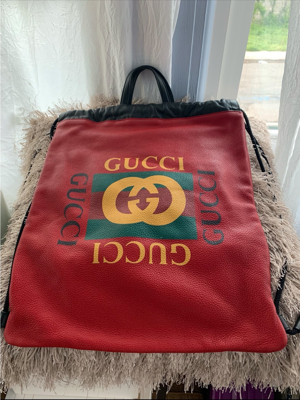 Gucci Red Leather Backpack with Yellow Logo and Green Stripe